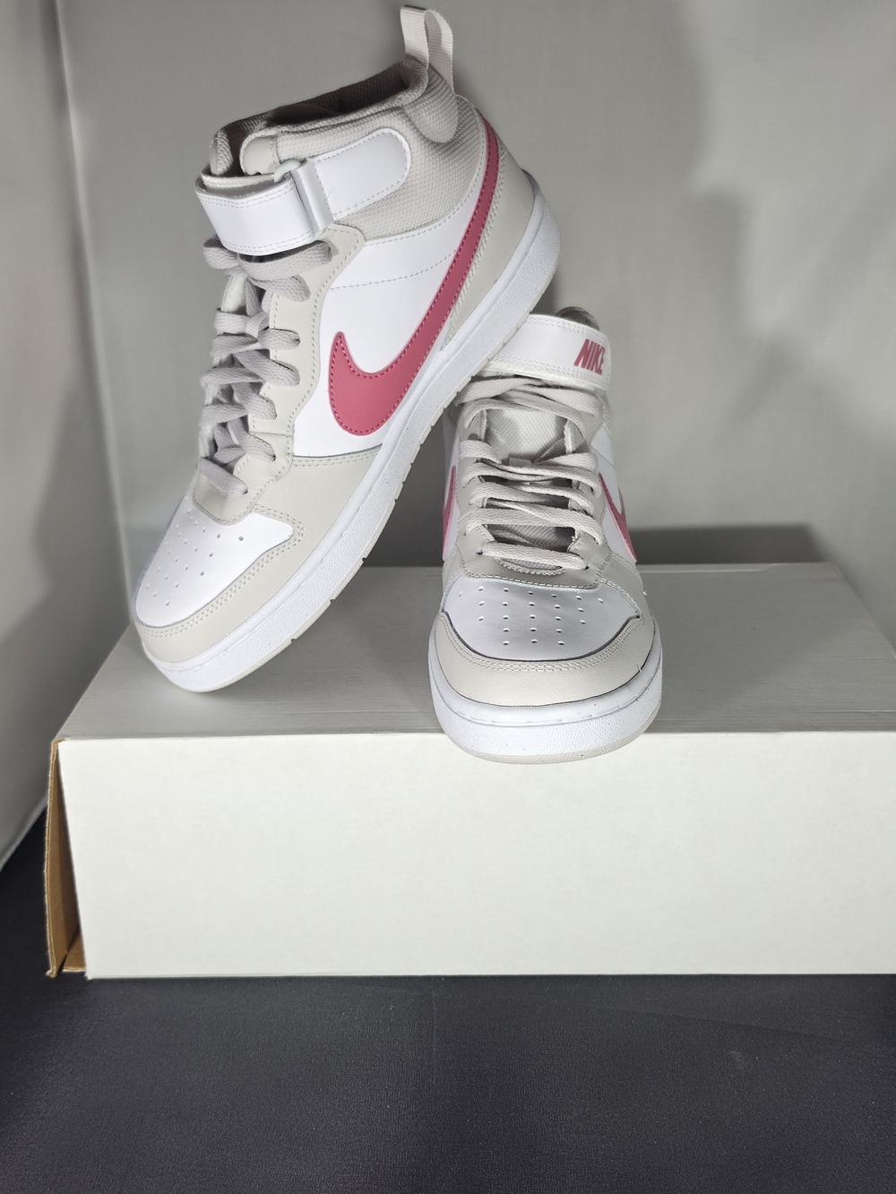 Nike Women’s Mid-Top Leather Sneakers — White with Pink Swoosh